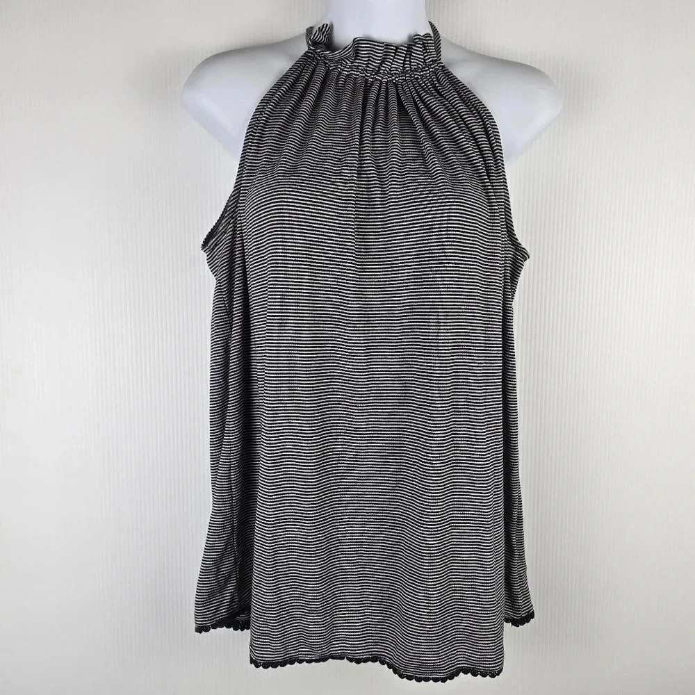 Pleione M Black White Striped Ruffle High Neck Tie Keyhole Back Tank Top. Size M